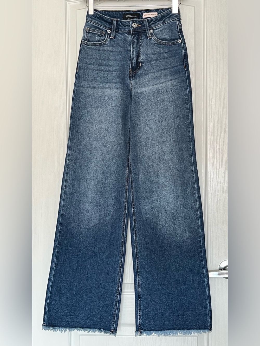 BCBGeneration High Rise Wide Leg Baggy Jeans Raw Hem Blue Denim Size 24